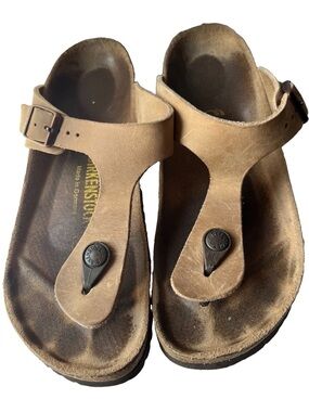 Birkenstock Gizeh Oiled Leather Tobacco Brown Slip On T Strap Thong Sandals 37